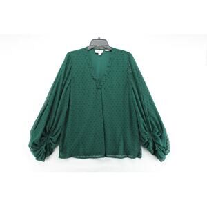 New NWT Panhandle top Shirt Women's Large Forest Green Swiss Dot Balloon Sleeve